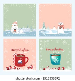 Set of Christmas and New Year greeting cards or invitation. Cute cartoon polar bear with hot chocolate and coffee with snowflakes frame, Vector illustration