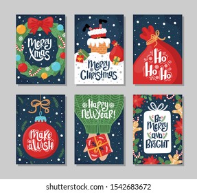 Set Of Christmas And New Year Greeting Card With Lettering Hand Drawn Decorative Elements On Dark Blue Background.