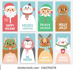  Set of Christmas and New Year greeting cards.Cute Santa Claus, Elf, Snowman, Deer, Bear, Cat, Penguin and Gingerbread man. Vector illustration