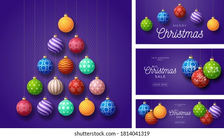 Set of Christmas and New Year greeting cards with tree made by balls. Christmas card with ornate colorful realistic balls on purple modern background. Vector illustration.