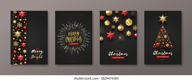 Set of Christmas and New Year greeting card.  Background with Christmas tree and decor. Vector illustration. Holiday design for greeting card, invitation, cover, calendar, etc.