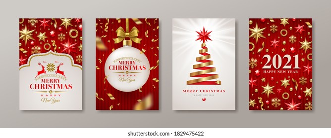 Set of Christmas and New Year greeting card. 2021 New Year poster. Background with Christmas tree and decor. Vector illustration. Holiday design for greeting card, invitation, cover, calendar, etc.