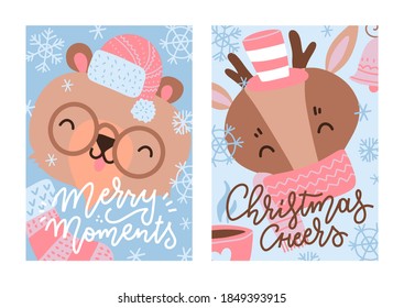 Set of Christmas and New Year greeting cards. Vector flat illustration of reindeear and bear in Santa hat with scarf and hot cup. Letterig greeting text. Vertical banners