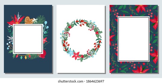 Set of Christmas, New Year greeting card templates. Poinsettia, berries, garnet. Vector background for vertical banner, poster, flyer, invitation. Winter holiday floral elements. Isolated illustration