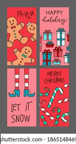 Set of Christmas and New Year greeting cards wiyh lettering. Elf, lollipops, candy, gingerbread man, striped socks, red background, caramel cane, present. Good for flyers, posters, banners
