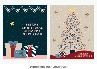 Set of Christmas and New Year greeting card. Background with Christmas tree and decor. Vector illustration. Holiday design for  in trendy retro style, greeting card, invitation, cover, calendar.