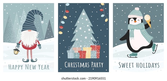 Set of Christmas and New Year greeting cards. Can be used for labels, congratulations, gift bag design, invitations, stickers. Flat style vector illustration.