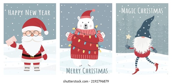 Set of Christmas and New Year greeting cards. Can be used for labels, congratulations, gift bag design, invitations, stickers. Flat style vector illustration.