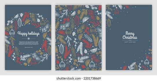 Set of Christmas and New Year greeting card. Background with Christmas tree and decor. Holiday design for greeting card, invitation, cover, calendar, etc.
