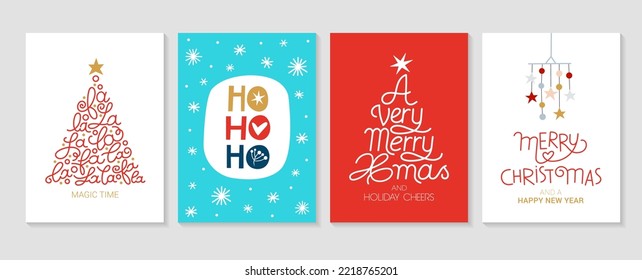 Set of Christmas and New Year greeting card. Background with Christmas tree and decor. Vector illustration. Holiday design for greeting card, invitation, cover, calendar, etc