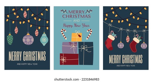 A set of Christmas and New Year greeting cards. Winter card with Christmas tree balls and presents. Greeting card with garlands. Merry Christmas and Happy New Year!