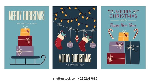 A set of Christmas and New Year greeting cards. Postcards with gifts, Christmas balls and socks, winter elements. Christmas and New Year posters. Happy Holidays!