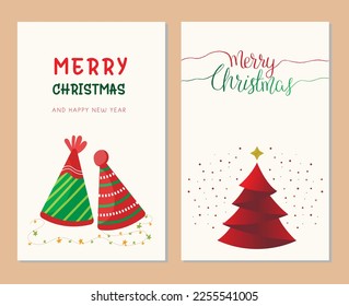 Set of Christmas and New Year greeting card. Background with Christmas tree. Vector illustration. Holiday design for greeting card, invitation, etc.