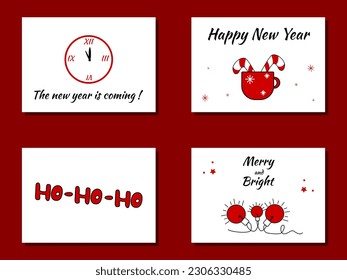 Set of Christmas and New Year greeting cards with decorative elements with text. Doodle in cartoon style. Printable card template. A set of winter collection clipart. Ready-made postcards and posters.