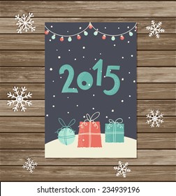 Set of Christmas and New Year greeting cards on wooden texture. Vector illustration