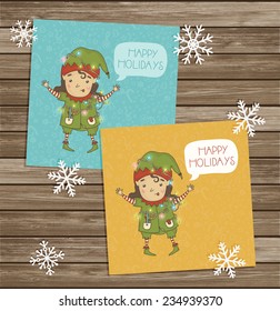 Set of Christmas and New Year greeting cards with christmas elf on wooden texture. Vector illustration