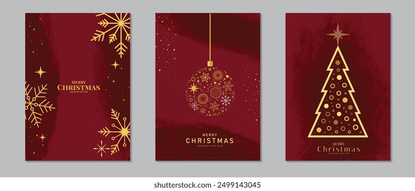 Set of Christmas and New Year greeting cards with xmas decoration. Xmas Design with beautiful snowflakes in modern line art style on red background.Vector illustration for flyer, poster, greeting card