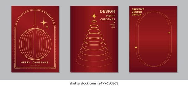 Set of Christmas and New Year greeting cards with xmas decoration. Xmas Design with beautiful snowflakes in modern line art style on red background.Vector illustration for flyer, poster, greeting card