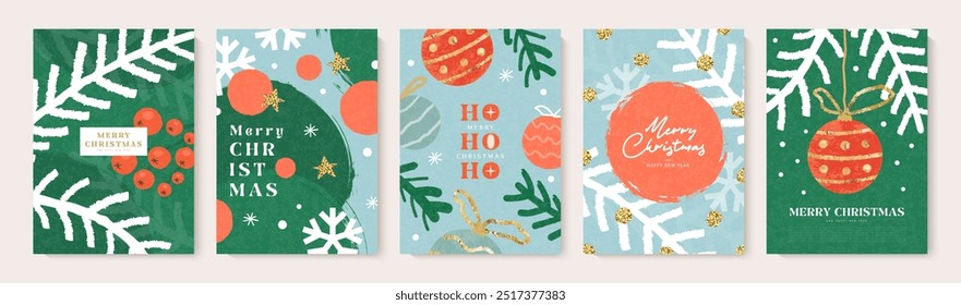 Conjunto de Navidades y tarjetas de felicitación del año Nuevo. Diseño abstracto moderno con Imágenes de ramitas de abeto, bolas de Navidad, copos de nieve, racimos de serbal y lentejuelas. Cartel de Navidad, cubierta, diseño de volante. Simple plano