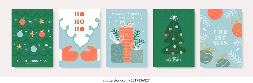 Set of Christmas and New Year greeting cards. Modern abstract design with hand drawn images christmas tree, santa beard and mittens, gift boxes. Xmas poster, cover, flyer design. Simple flat style.