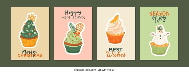 Set of Christmas New Year greeting cards with sweet cupcakes. Winter holiday design for greeting card, invitation, cover, calendar, social media posts, menu.	
