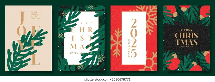 Set of Christmas and New Year greeting posters. Trendy vector illustration with Christmas fir tree branches, balls, snowflakes and typography design. New Year flyers for ads, cover, social media.