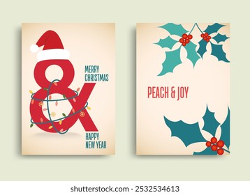 Set of Christmas New Year greeting cards with Xmas decorations with light bulb and Santa Hat
