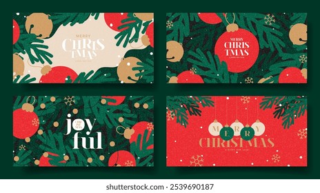 Conjunto de bandeiras de saudação de Natal e Ano Novo. Ilustração vetorial na moda com elementos decorativos de Natal e design tipográfico. Banners de Natal brilhantes para anúncios, capa, mídia social.