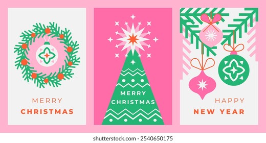 Conjunto de Navidades y tarjetas de felicitación de Año Nuevo con árbol de Navidad, corona y decoraciones. Temporada de vacaciones de invierno. Diseño geométrico de moda en estilo minimalista. Ilustración vectorial para la cubierta, Anuncio