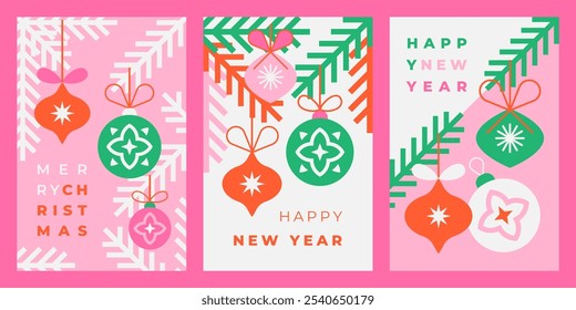 Set of Christmas and New Year greeting cards with Christmas tree decorations. Winter holiday season. Trendy geometric design in minimalist style. Vector illustration for cover, banner, greeting card.