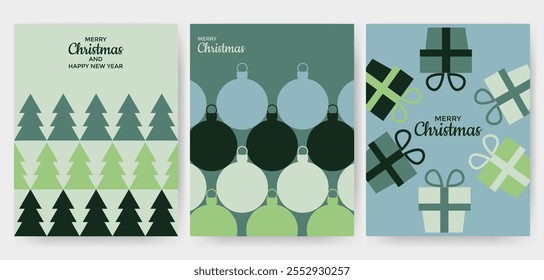 Set of Christmas and New Year Greeting Cards. Vector illustration for background, greeting card, party invitation card and banner.