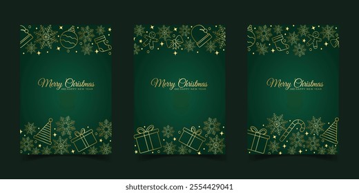set of Christmas and New Year Greeting card Template With Golden Snowflakes frame border on green gradient background
