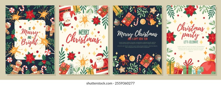 Set of Christmas and New Year greeting and invitation cards with festive symbols. Vector design template with. Hand-drawn cartoone style.