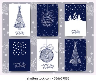 Set Of Christmas  And New Year Greeting Cards with Christmas trees, Christmas decorations, Zentangle style. Template Vector