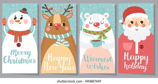 Set of Christmas and New Year greeting cards. Vector illustration.