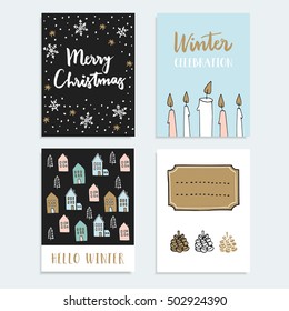 Set of Christmas, New Year greeting, journaling cards, invitations.  Hand drawn illustration of candles, snowflakes, cute winter houses and pine cones. Vector backgrounds. 