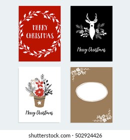 Set of Christmas, New Year greeting, journaling cards, invitations. Hand drawn illustration of  reindeer, holly wreath, poinsettia, pine, spruce tree branches, floral decorations. Vector backgrounds. 