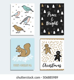 Set of Christmas, New Year greeting, journaling cards, invitations.  Hand drawn illustration of birds, squirrel, Christmas balls, baubles, trees and gingerbread men. Vector backgrounds. 