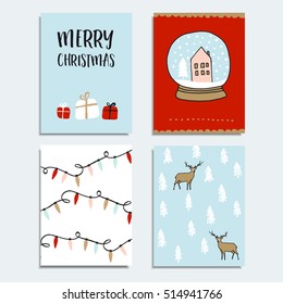 Set of Christmas, New Year greeting, journaling cards, invitations. Hand drawn illustration of Christmas lights, glass ball, gifts and winter wood with deers. Vector backgrounds. . 