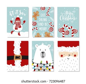 Set of Christmas and New Year greeting cards. Vector illustration. Hand drawn lettering.