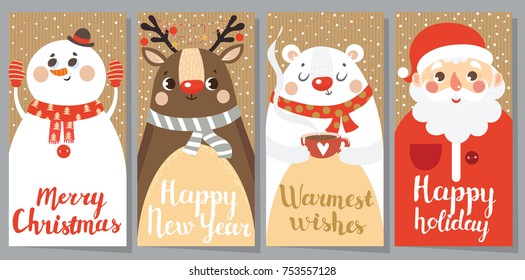 Set of Christmas and New Year greeting cards. Vintage. Vector illustration