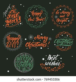 Set of Christmas and New Year Greeting Lettering Phrases. Vector Illustration.
