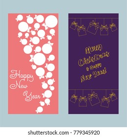 A set of Christmas and New Year greeting cards. Congratulation. Vector illustration.  gift, Christmas ball
