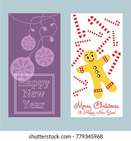 A set of Christmas and New Year greeting cards. Congratulation. Vector illustration. Christmas ball, gingerbread