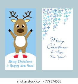 A set of Christmas and New Year greeting cards. Congratulation. Vector illustration. snow,  deer