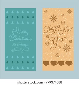 A set of Christmas and New Year greeting cards. Congratulation. Vector illustration. snow, fir