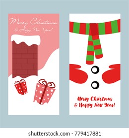A set of Christmas and New Year greeting cards. Congratulation. Vector illustration. snow, gift,  snowman