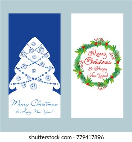 A set of Christmas and New Year greeting cards. Congratulation. Vector illustration.  Christmas ball,  fir, Christmas veil