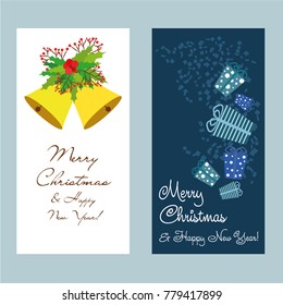 A set of Christmas and New Year greeting cards. Congratulation. Vector illustration.  snow, gift, Christmas bells