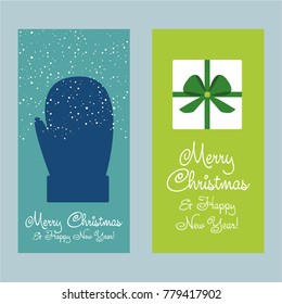 A set of Christmas and New Year greeting cards. Congratulation. Vector illustration.  snow, gift,  mitt